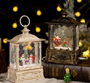 Detail of vintage Christmas lanterns with snowmen and Santa Claus glowing in warm light
