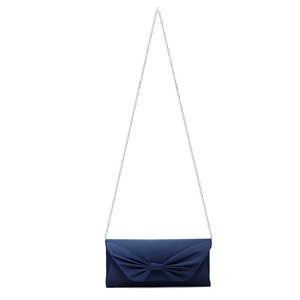 Detail of navy blue satin clutch bag with pleated bow design and silver metal chain strap