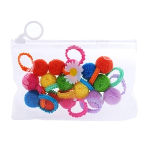 Colorful plush ball hair ties set in clear fashion jewelry pouch for kids hair styling