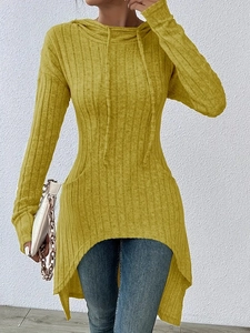 Sweat à capuche en maille côtelée jaune moutarde avec ourlet asymétrique pour femme