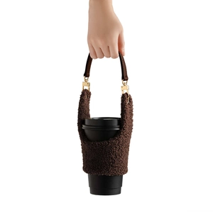 Creative brown lamb wool coffee cup sleeve with leather handle and golden metal buckle
