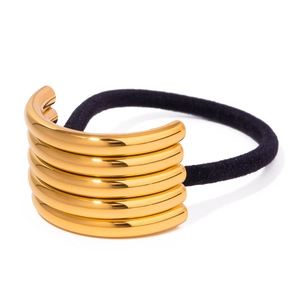 Minimalist gold stainless steel elastic hair tie with layered metal bar decoration