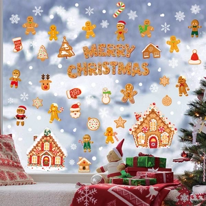 Christmas gingerbread man and snow house static window clings for holiday glass decoration