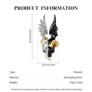 S925 sterling silver angel and demon skull pendant necklace for men and women