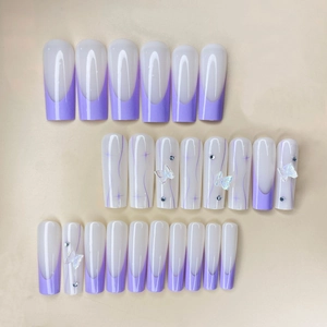 Purple French glitter press-on nails with 3D butterfly charms and rhinestones set
