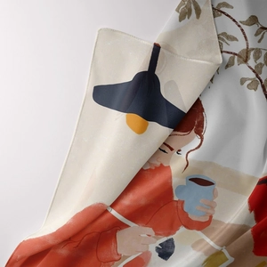 Detail of bohemian tapestry featuring hand-drawn warm illustration and fine stitched edges