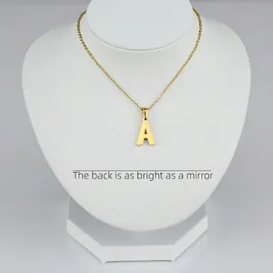 Minimalist 18K gold-plated stainless steel letter A pendant necklace on a neck model