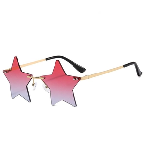 Detail of star-shaped rimless sunglasses with red to purple gradient lenses and gold metal arms