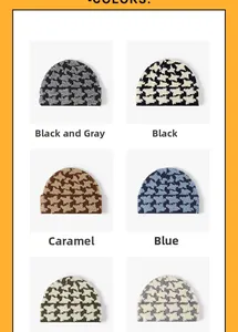 Detail showcasing houndstooth knit beanies in dark gray, black, caramel and blue colors