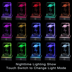 Detailed 3D crystal rose cube showing 15 multi-color LED lighting modes in a dark setting