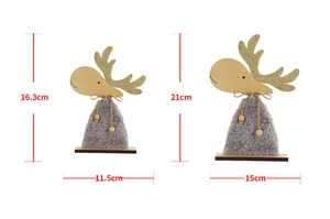 Detailed size specifications for grey plush Christmas reindeer with wooden gold antlers