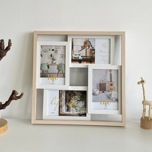 Minimalist 4-opening light wood collage photo frame for 4x6 inch pictures on a white tabletop