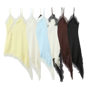 Women Satin Slip Dress With Lace Patchwork Spaghetti Strap V-Neck Asymmetrical Hem Elegant Mini Dress