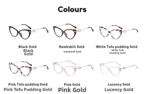 Six colors of cat eye glasses frames with metal temples shown in a grid layout