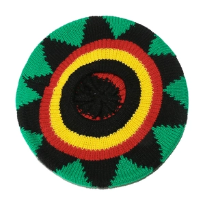 Top view of handmade crochet Rasta tam beret featuring vibrant reggae rainbow stripes