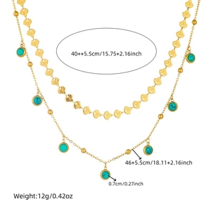 Double-layered gold titanium steel necklace featuring turquoise pendant and shell charms