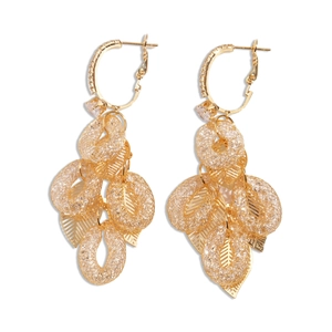 Elegant gold oval mesh hoop earrings with dangling leaf charms and sparkling zircon accents