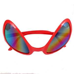 Front view of red alien party glasses with iridescent rainbow lenses on white background