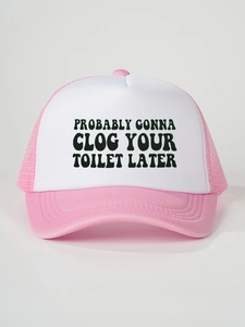 Detail view of pink and white trucker hat featuring probably gonna clog your toilet text