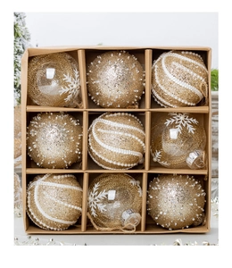 Detail of 9-piece gold and clear Christmas balls with snowflakes in a kraft paper gift box