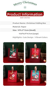 Detailed view of Christmas paper gift boxes with leather handles and festive illustrations