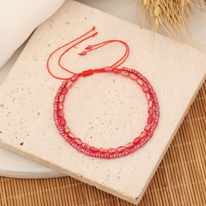 Handmade red beaded woven bracelet with double-layer crystals and ethnic style design