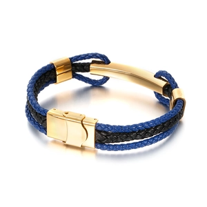 Bracelet tressé en cuir pour homme avec cordes bleues et noires et fermoir en acier doré