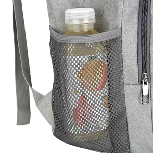 Grey outdoor cooler backpack with side mesh pocket for water bottles and fabric texture