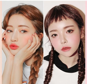 Detailed comparison of long brown curly hair and dark brown braids with bangs extensions