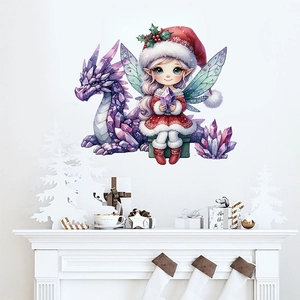Cartoon Christmas wall sticker featuring a purple dragon and fairy on a fireplace wall