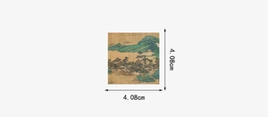 Detail eines quadratischen Aufklebers mit chinesischer Landschaft und Maßen von 4,08 cm