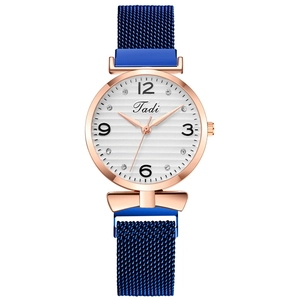 Women Quartz Watch Rhinestone Bow Accent Wavy Dial Stainless Steel Mesh Magnetic Strap Elegant Fashionable