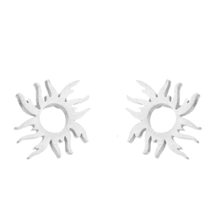 Detailed view of silver irregular sunburst stud earrings with geometric cutout design