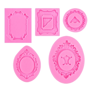 5-delige roze siliconen malset met Europees vintage reliëfframe voor DIY fondant taartdecoratie