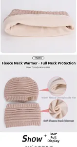 Detailed view of beige knit hat and neck warmer set with thick faux fleece lining