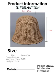 Size guide for woven straw bucket hat with head circumference and height measurements