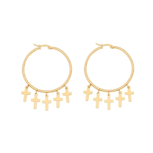 Gold stainless steel hoop earrings featuring five hanging cross pendants in boho punk style