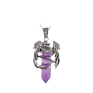Silver dragon pendant necklace with natural amethyst hexagonal crystal point