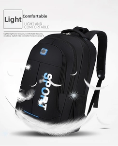 Detail showing lightweight black Oxford fabric backpack with large Sport print and blue accents