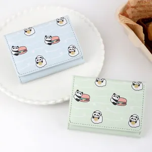 Cute panda cartoon tri-fold coin purse for women in light blue and green PU leather