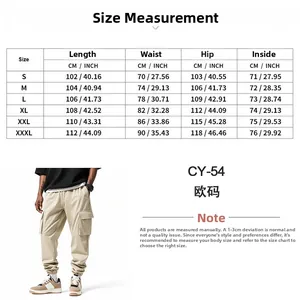 Size chart showing length, waist, hip, and inside measurements for men cargo trousers