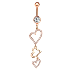 Detailed view of rose gold belly ring with sparkling zircon and triple heart charms