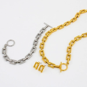 Polished stainless steel OT buckle U-link chain jewelry set with geometric earrings