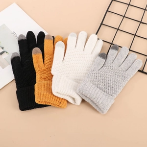 Winter touchscreen knit gloves in black, mustard yellow, off-white, and light grey colors