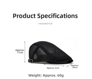 Detailed view of black mesh flat cap with dimensions: 11cm height and 6cm brim length
