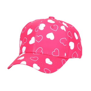 Vibrant pink tie-dye baseball cap for kids featuring white heart print patterns