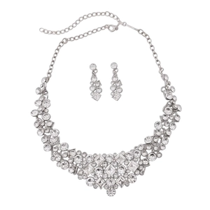 Elegant silver diamond necklace and earring set with geometric rhodium plating