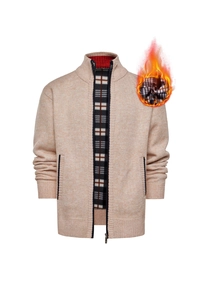 Detail of men's beige knit cardigan with stand collar and dark plaid fleece lining