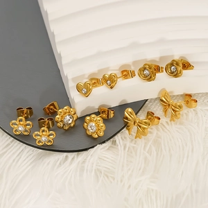 Golden stainless steel earring set featuring heart, flower and bowknot designs with zircons