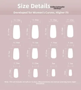 Size chart for medium long square press-on nails with 12 dimensions and 24 pieces total